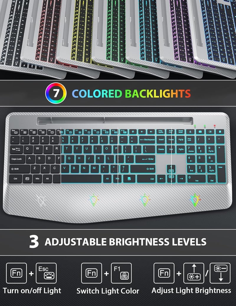 SABLUTE Wireless Keyboard and Mouse Backlits, Wrist Rest, LED Mouse, Rechargeable Ergonomic Keyboard with Phone Holder, Silent Light Up Combo for Computer, Mac, PC, Laptop, Chromebook (Silver Black) - Image 2
